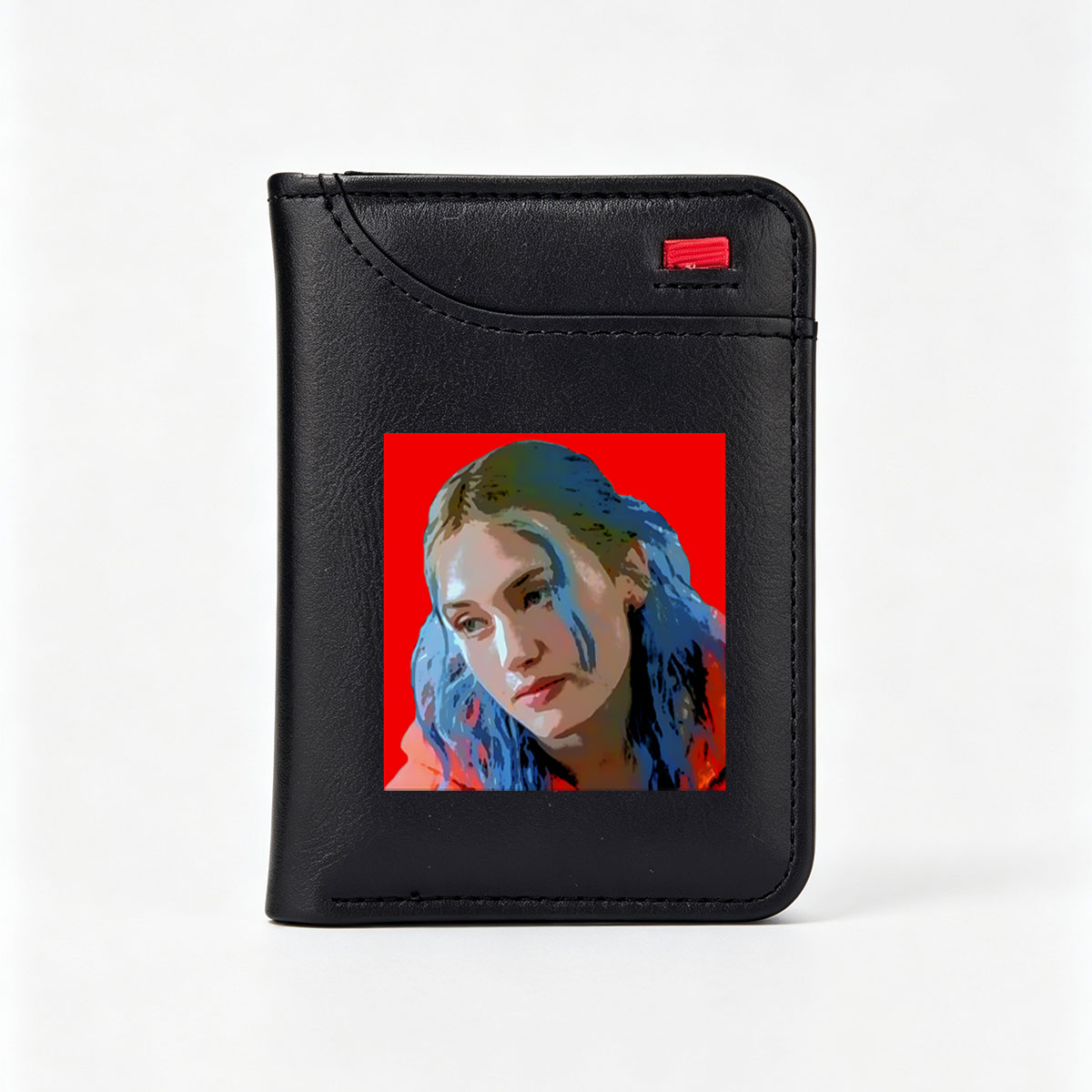 Portrait of a Woman with Blue Hair Against Red Background - Vertical Style Wallet