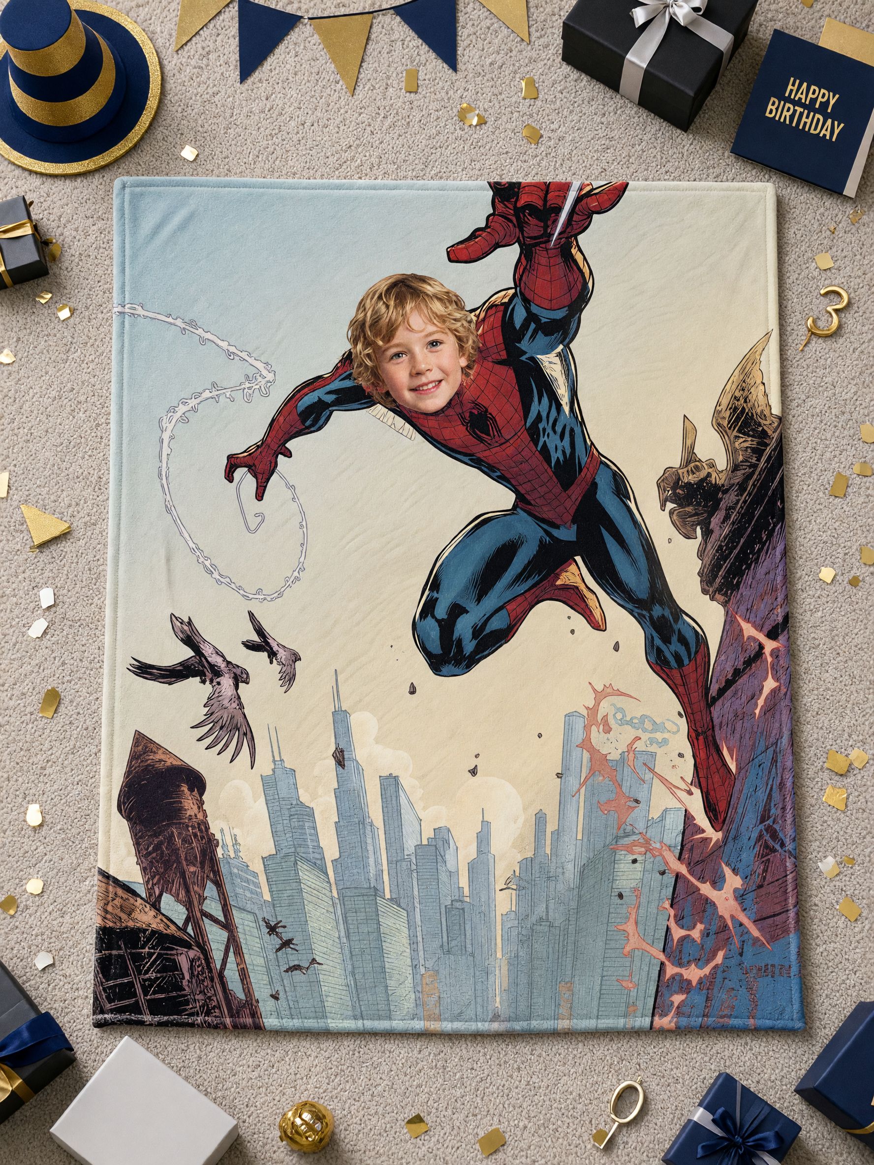 Custom Face Photo Superhero Blanket, Ultra Soft Flannel Comic City Throw, Ideal Personalized Gift for Kids and Fans