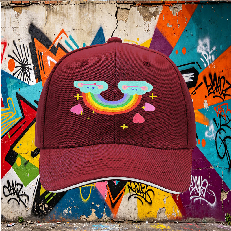 Unisex Classic Sandwich Hat with Rainbow Clouds and Hearts Print - Perfect for Casual Outings, Festivals, and Everyday Wear - Ideal for Teens and Young Adults Seeking Fun, Colorful Accessories