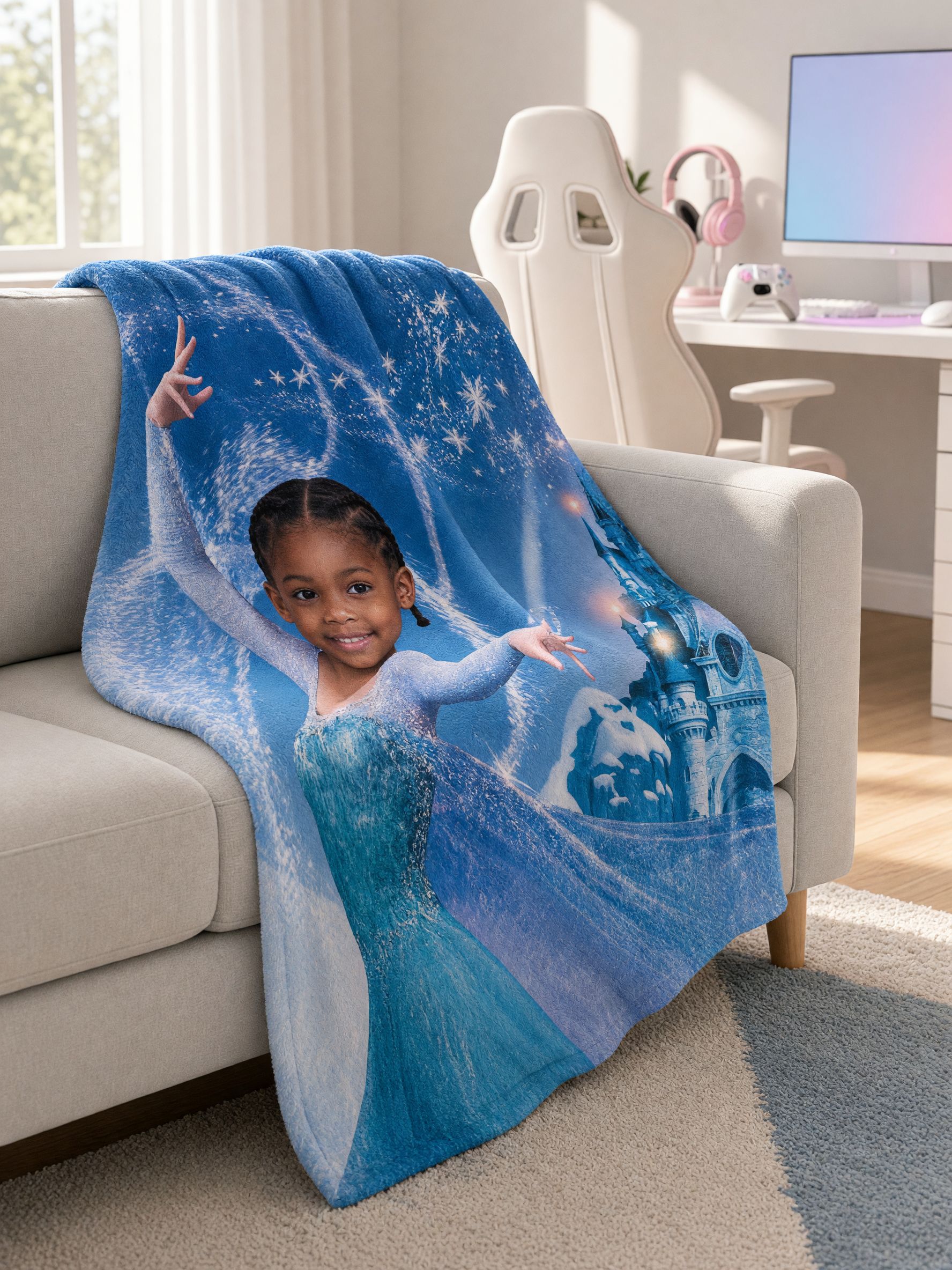 Custom Face Blanket Personalized Ice Princess Flannel Fleece Throw Blanket Ideal Cozy Gift for Girls Kids Bed and Sofa