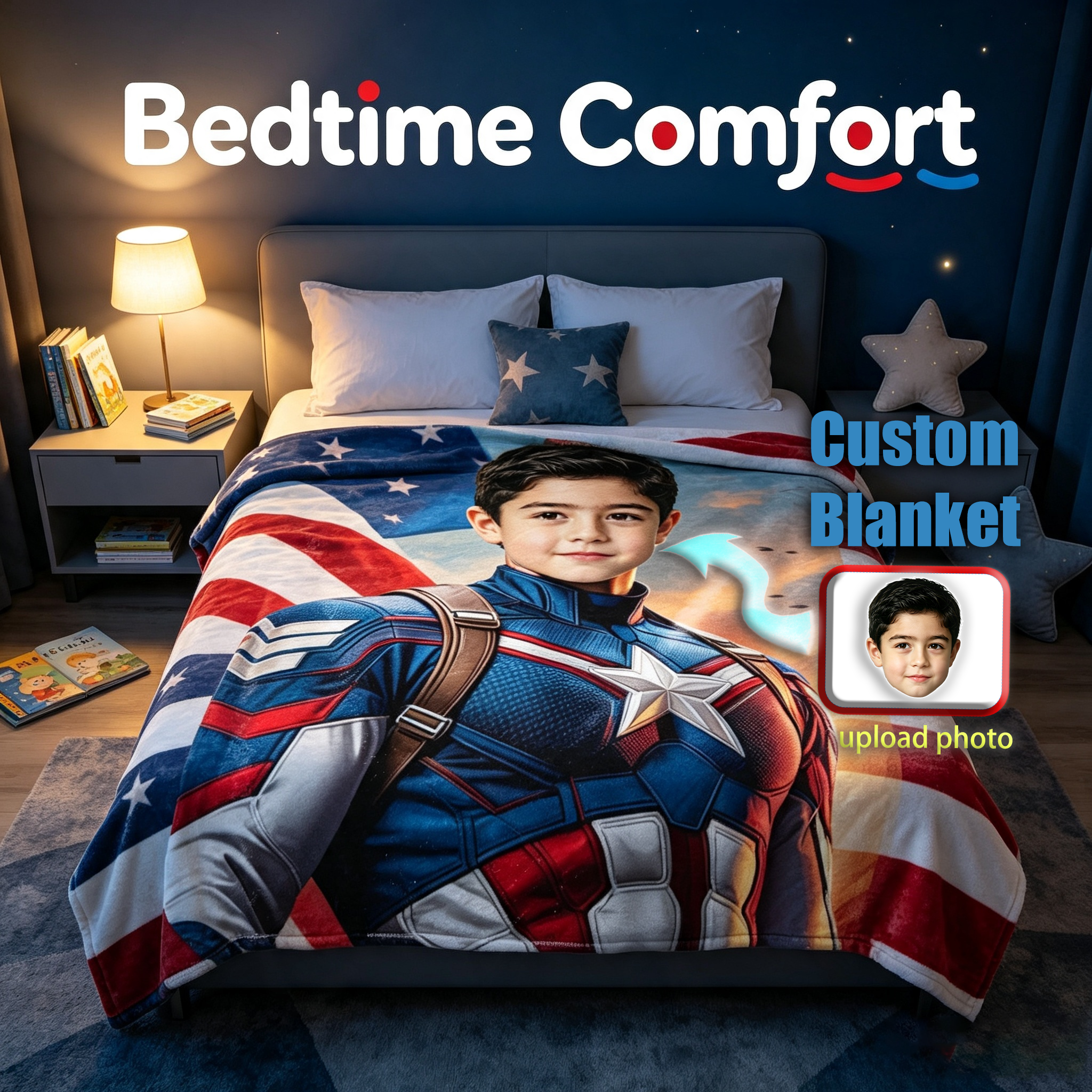 DIY Custom Photo Captain America Flannel Blanket – Personalized Hero-Themed Throw for Kids (Sofa Blanket Gift)