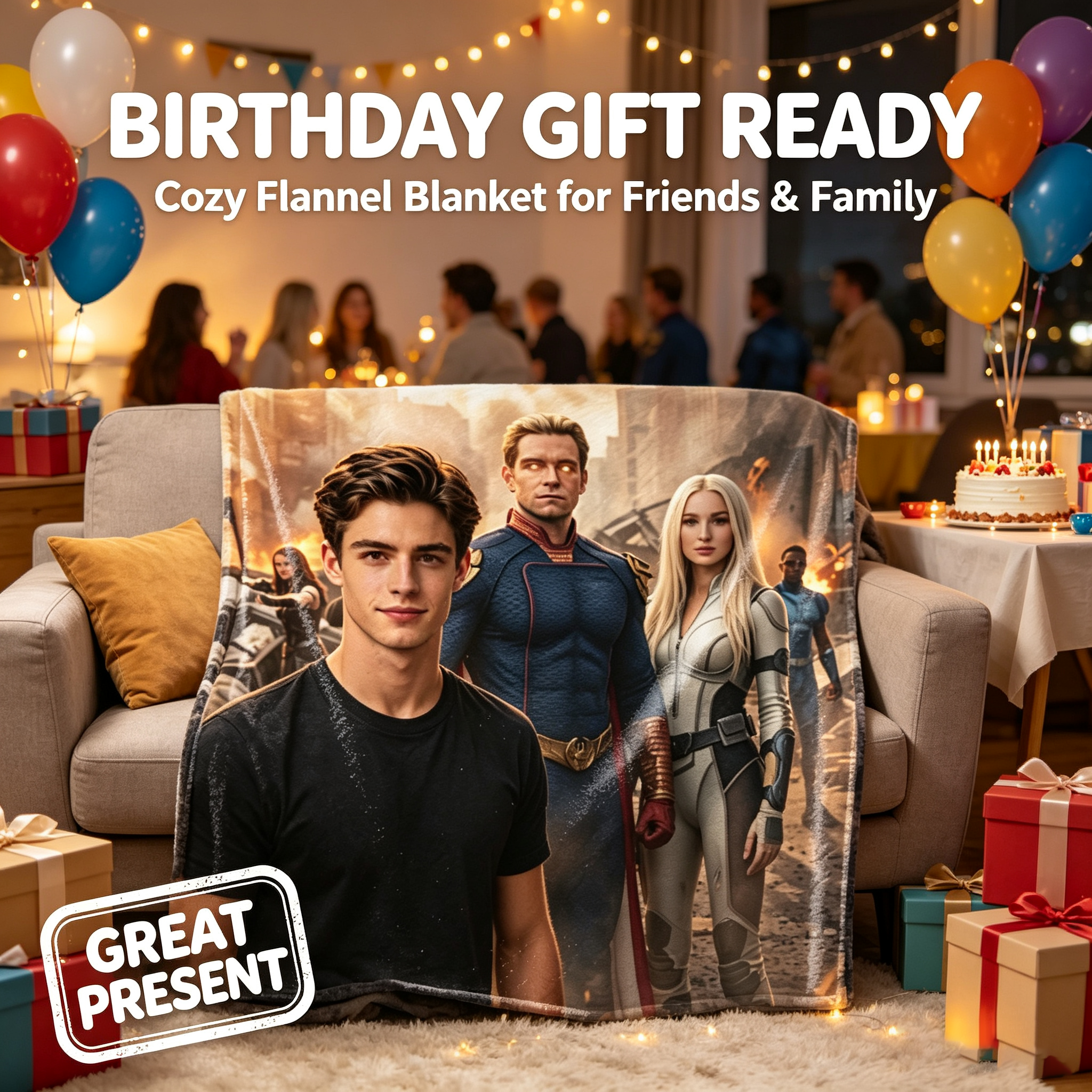 Custom Face Blanket Featuring The Boys Superhero Team in City Battle Scene Flannel Blanket Perfect for Fans and Cosplay Enthusiasts Ideal Gift or Giveaway for Movie Lovers