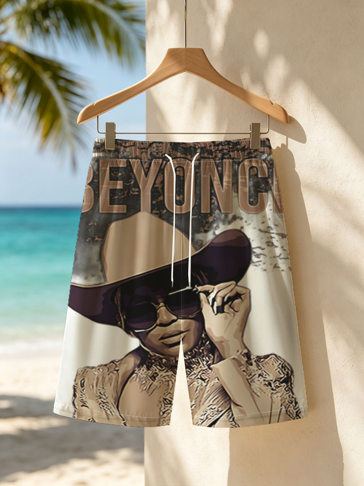 Beyoncé in Cowboy Hat and Sunglasses Artwork -  Beach shorts