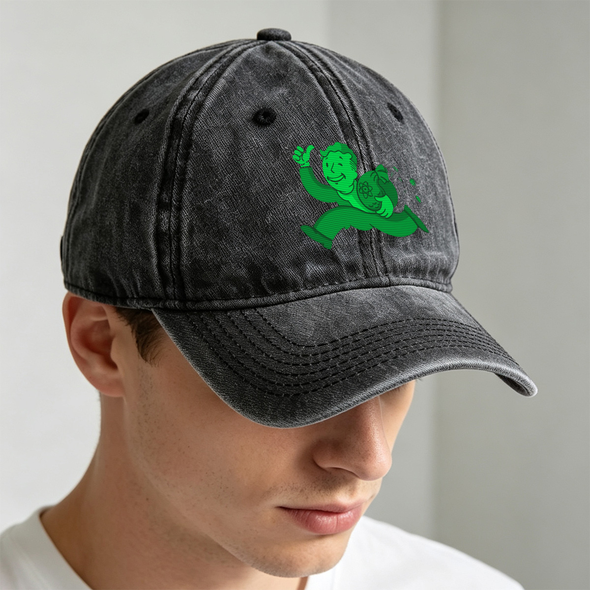 Vault Boy from Fallout Running with a Bag of Atoms - Washed Denim - Baseball Cap