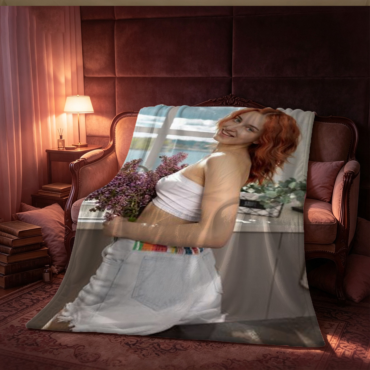 Nude model riding stone elephant statue by the pool - Blanket