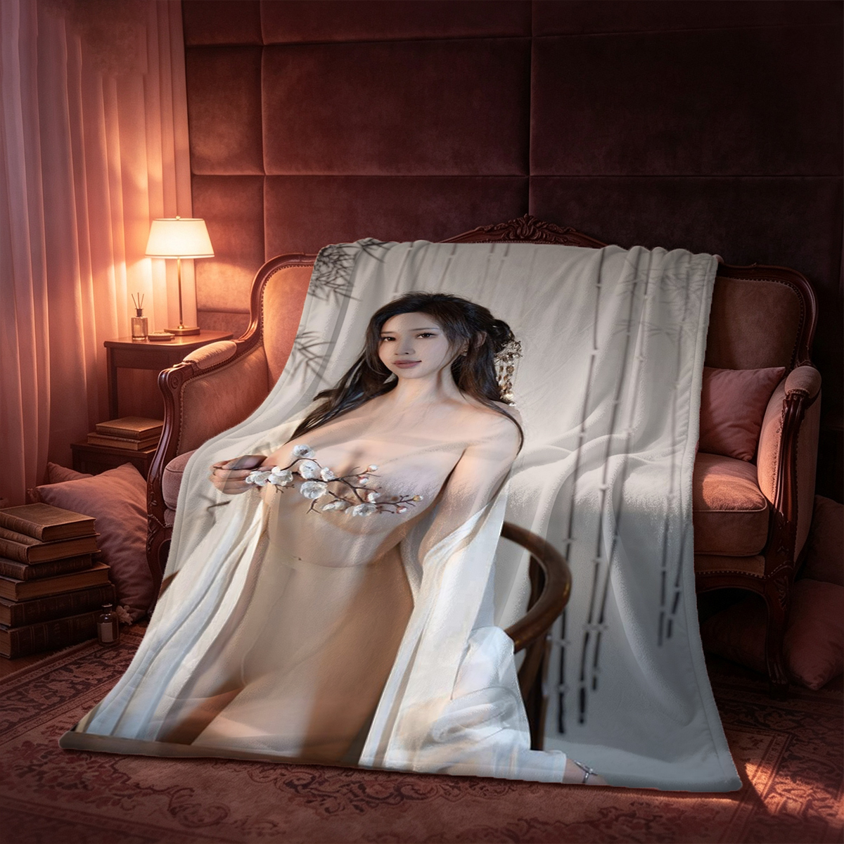 Blonde woman in teal lace lingerie lying on tropical print bedding. - Blanket