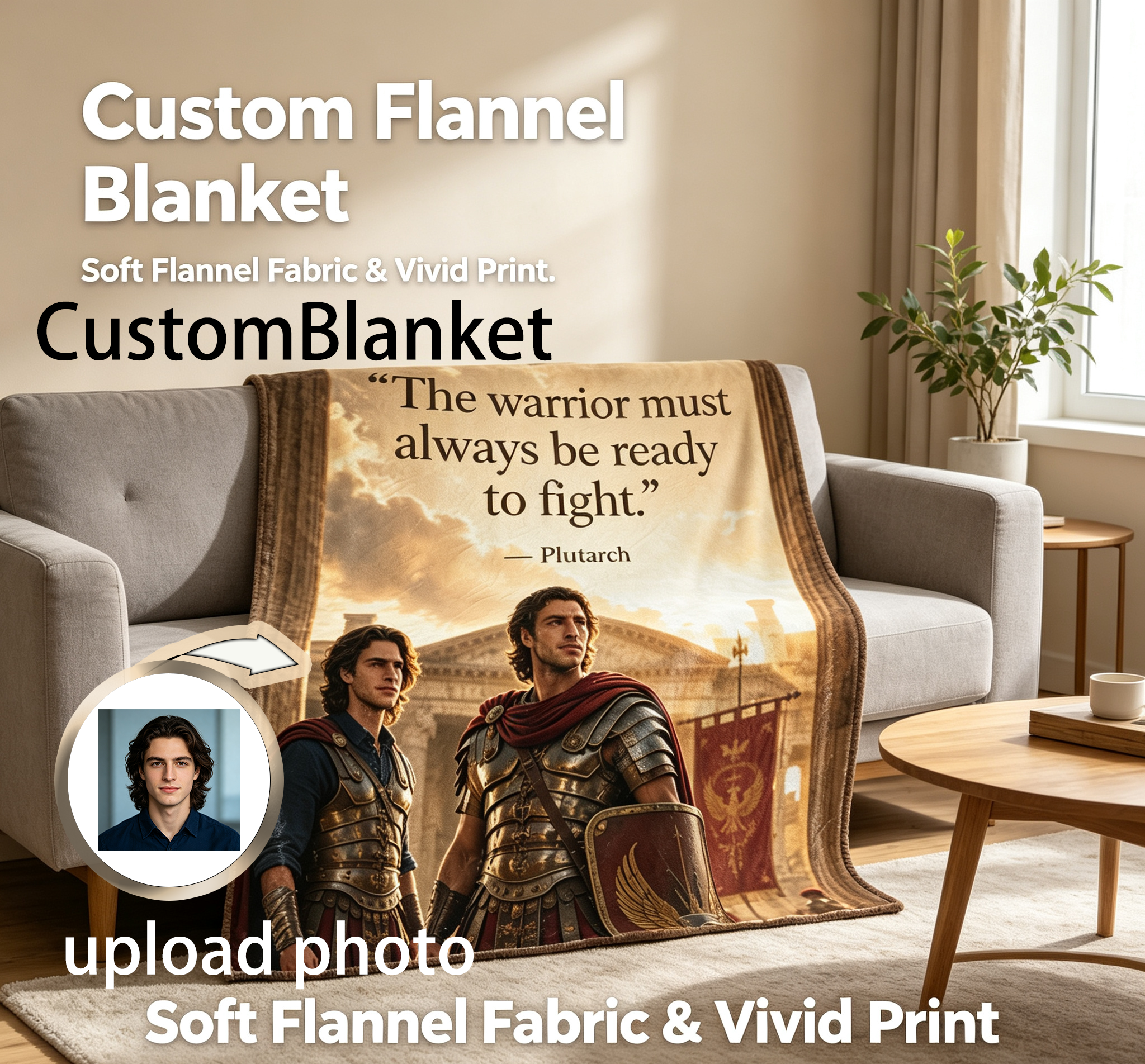 Custom Face Blanket Featuring Roman Warrior Scene with Plutarch Quote Flannel Blanket for Home Decor and Cozy Nights Perfect Gift for History Lovers and Ancient Rome Enthusiasts