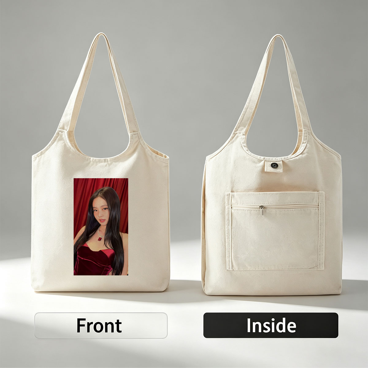Jennie Kim in Red Velvet Dress at Glamorous Event with Red Curtain Background - Canvas shoulder bags/