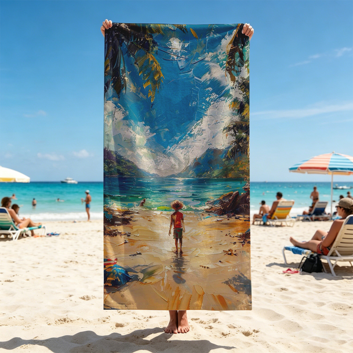 A woman walks on a tropical beach, framed by palm trees and turquoise waters under a vibrant sky. - Beach towels