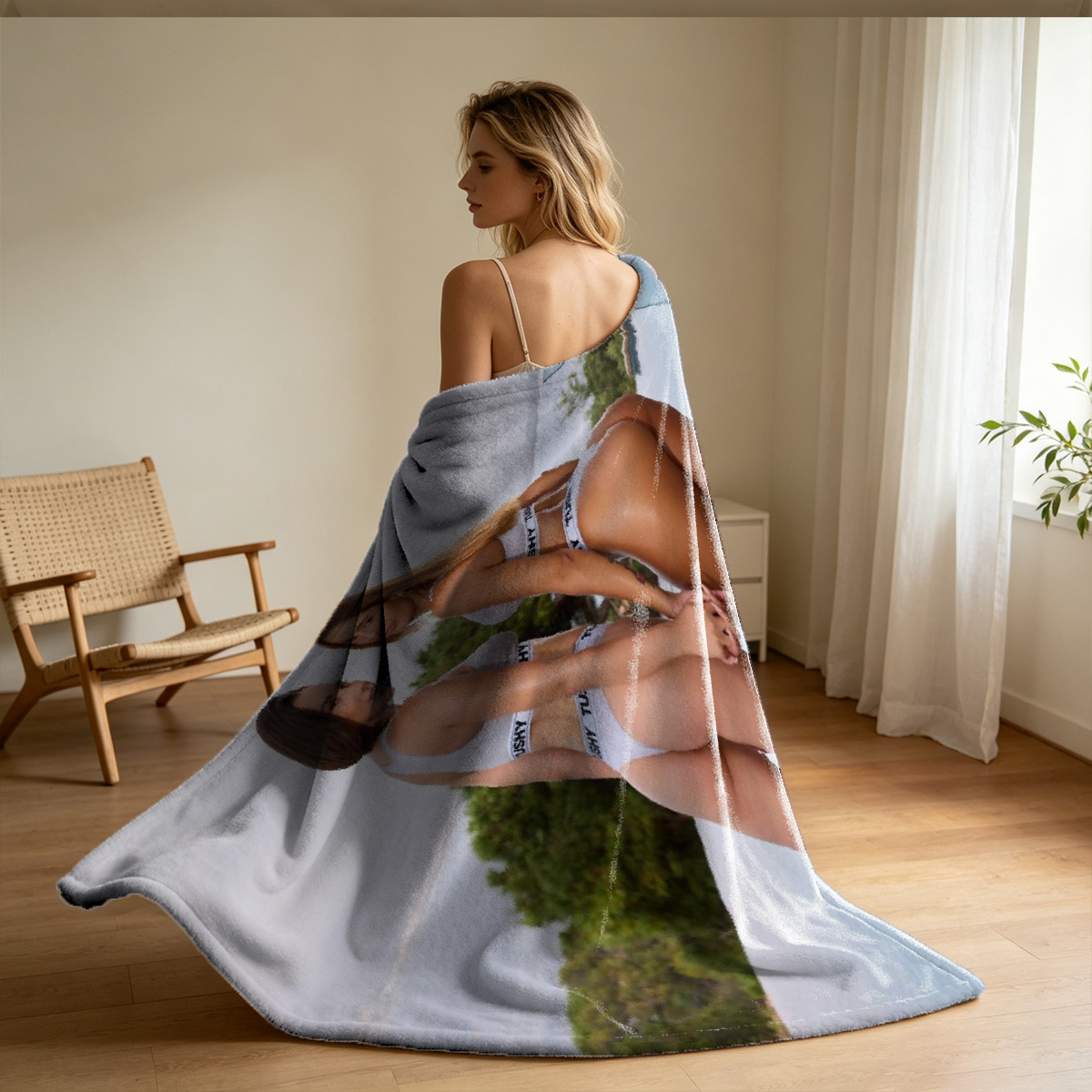 Nude woman lying on kitchen counter - Blanket