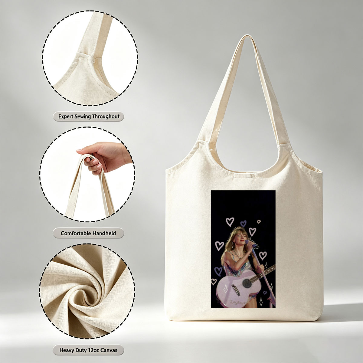 Taylor Swift Performing Live with Acoustic Guitar and Hearts Overlay - Canvas shoulder bags/