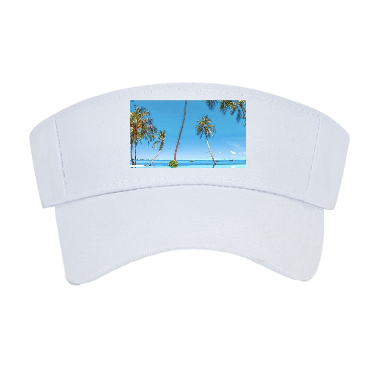 Tropical palm trees reflected in crystal-clear infinity pool under a vibrant blue sky. -  Visor cap