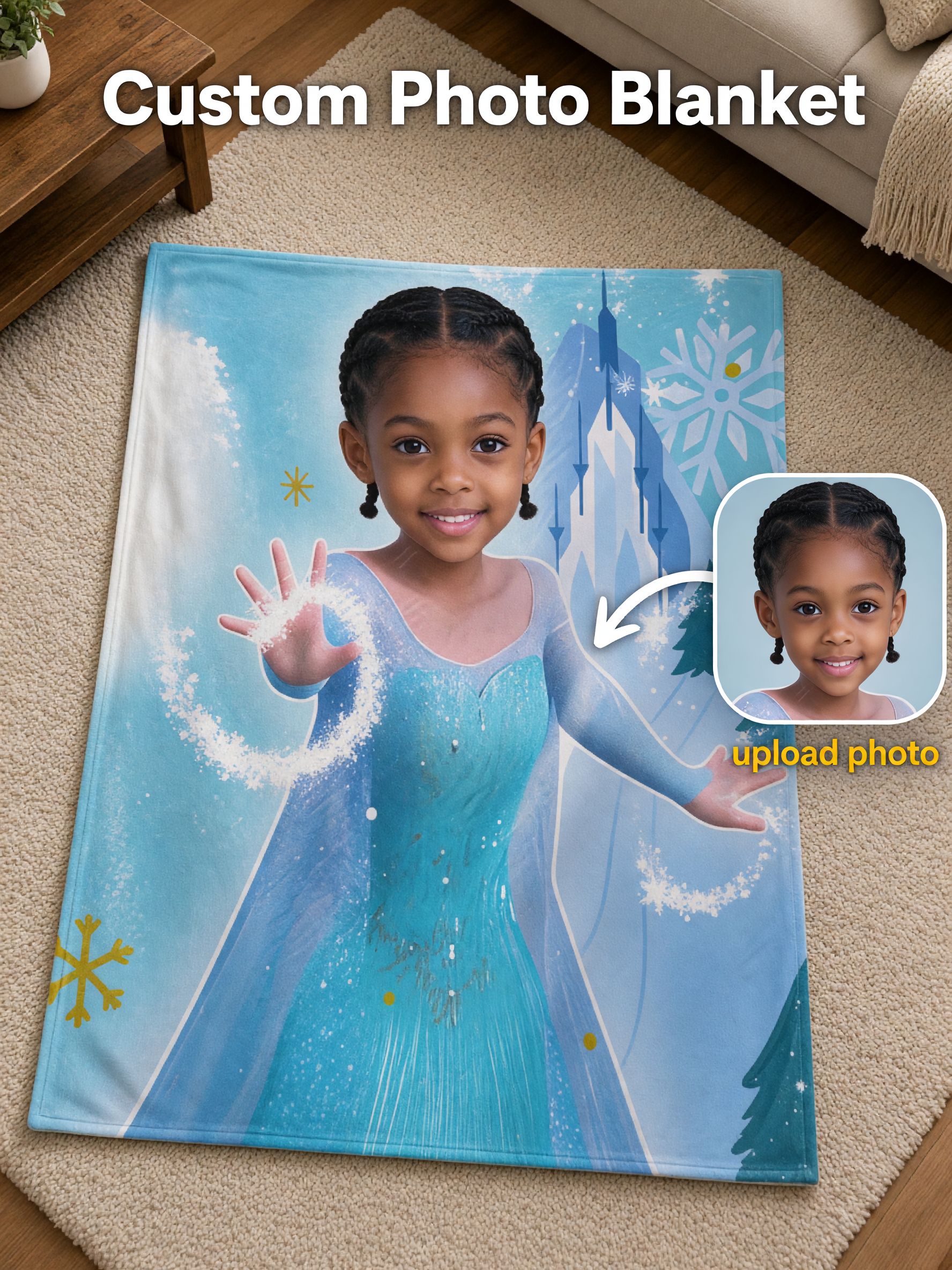Custom Face Blanket Personalized Ice Princess Flannel Fleece Throw Soft Warm Anti-Pilling Kids Photo Gift for Couch Bed