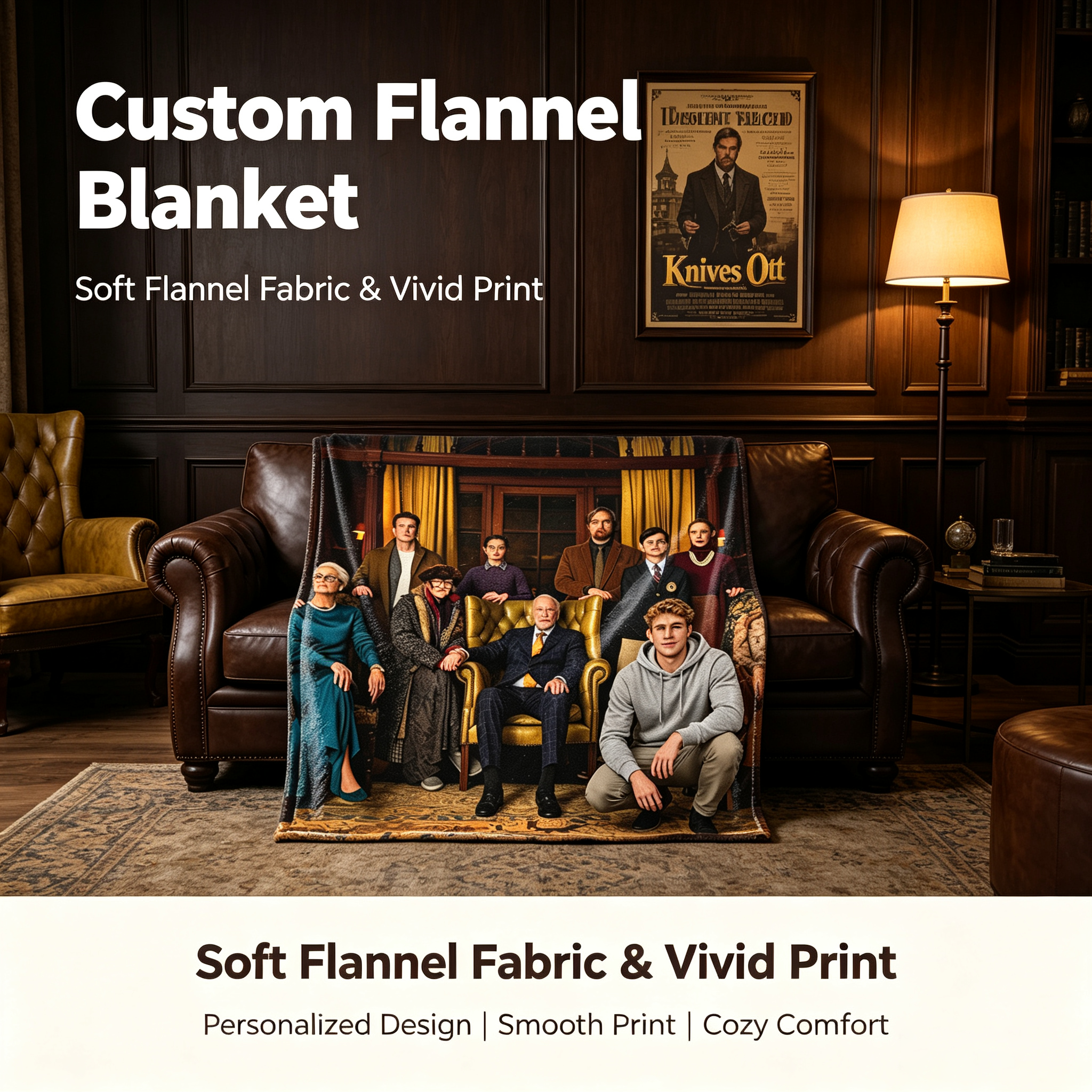 Custom Face Blanket Family Portrait Vintage Style Flannel Blanket Cozy Living Room Decor Gift for Relatives and Friends