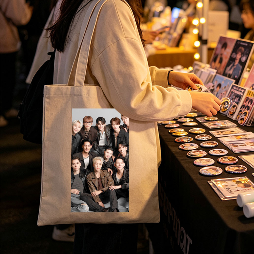 SEVENTEEN Group Photo - Members in Stylish Leather Outfits Posing Together for a Professional Shoot - Canvas tote bags