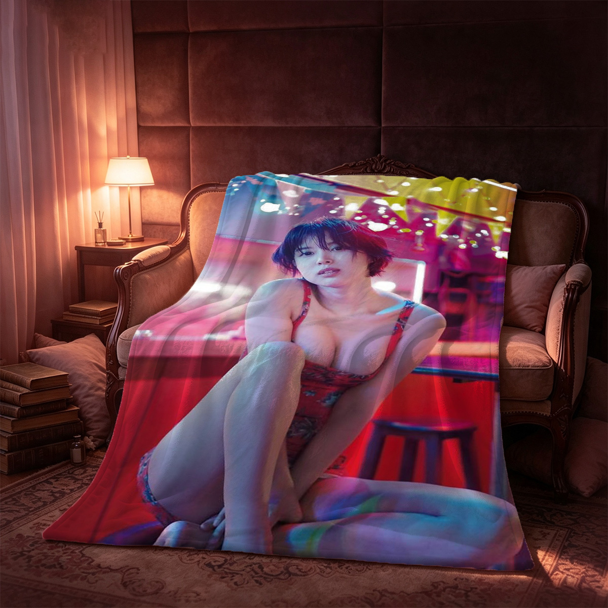 A woman with long black hair in a partially removed pink cardigan and grey lace bra, standing nude in a minimalist room. - Blanket