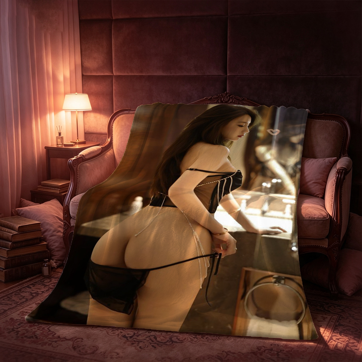 Gisele Bundchen in sheer black bodysuit and stockings by window. - Blanket