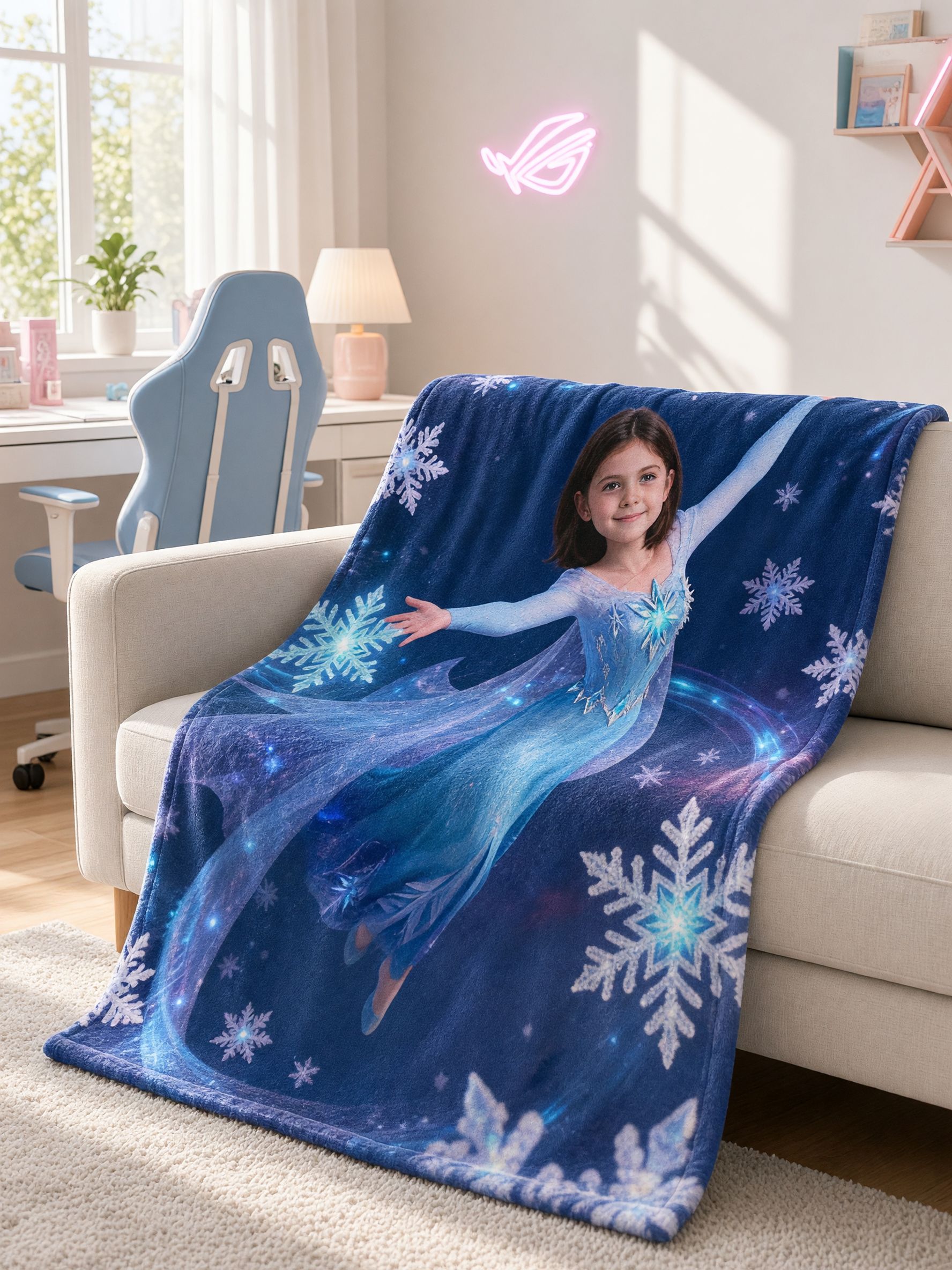 Custom Photo Face Blanket Personalized Ice Princess Flannel Throw Ultra Soft Warm Fleece for Bed Sofa Ideal Custom Gift