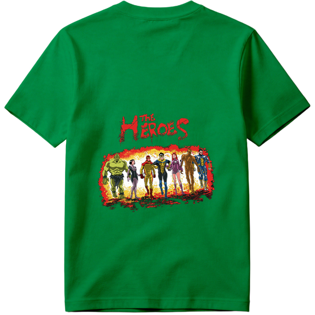 The Heroes: Green Hulk, Black Widow, Red Ranger, Blue Avenger, Pink Warrior, Golden Titan, and Blue Sentinel - Tee