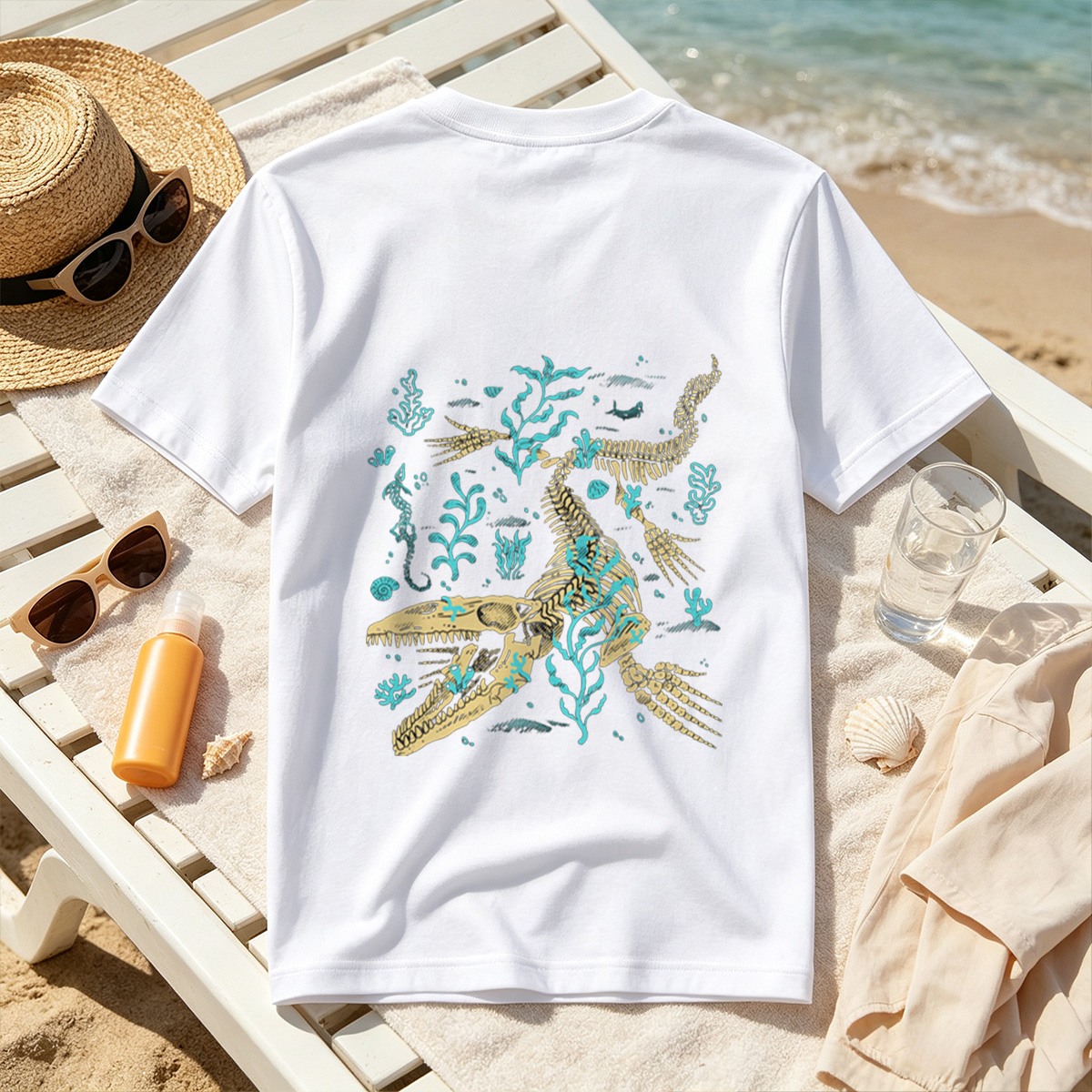 Mosasaurus Skeleton in Ocean Depths - Tee