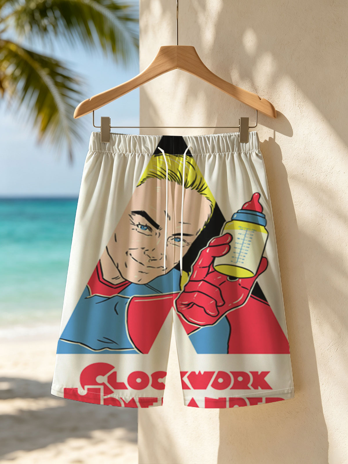 Clockwork Homelander: A Superhero with a Bottle -  Beach shorts