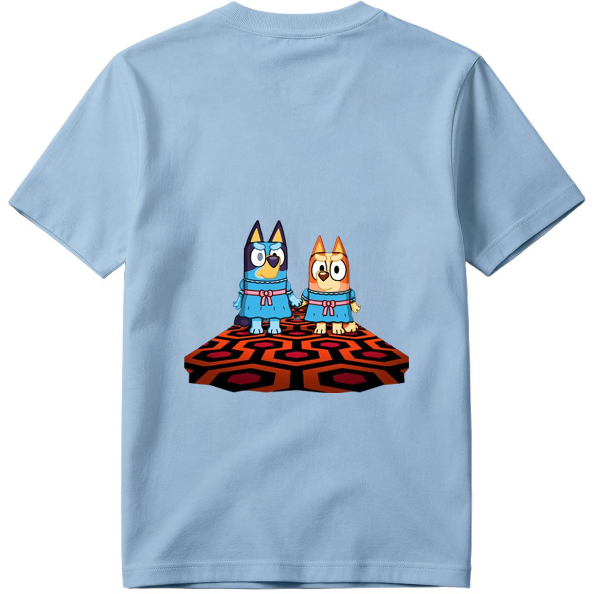 Bluey and Bingo in Matching Dresses on a Patterned Rug - Tee