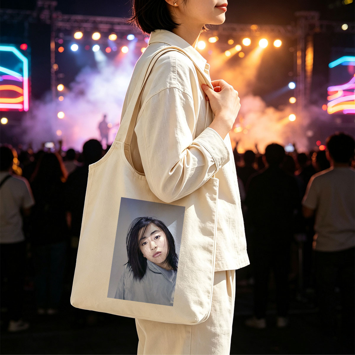 Yuki Kajiura in a Serene Portrait Wearing a Light Blue Collared Shirt Against a Soft Gray Background - Canvas shoulder bags/