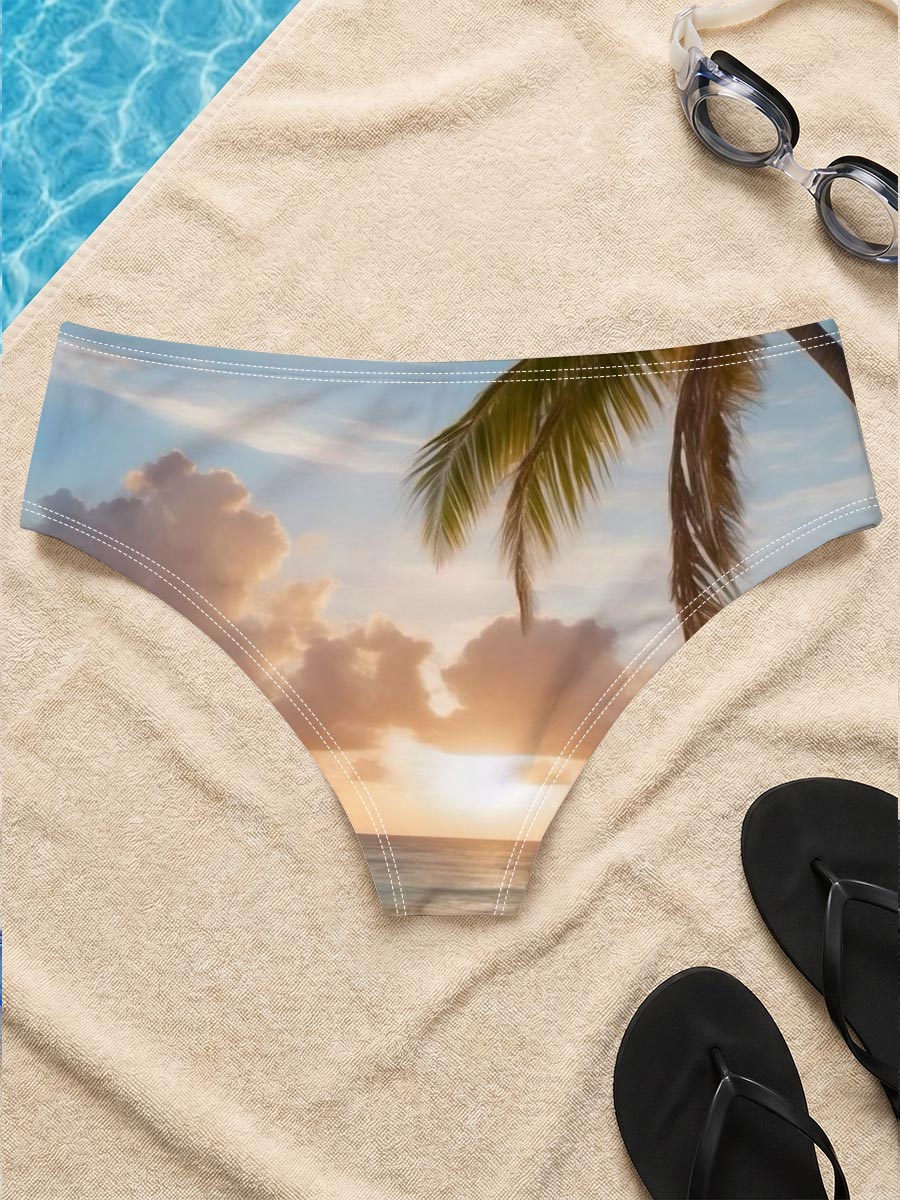 Sunset on a tropical beach with palm trees and calm ocean waves. -  Men's swim trunks