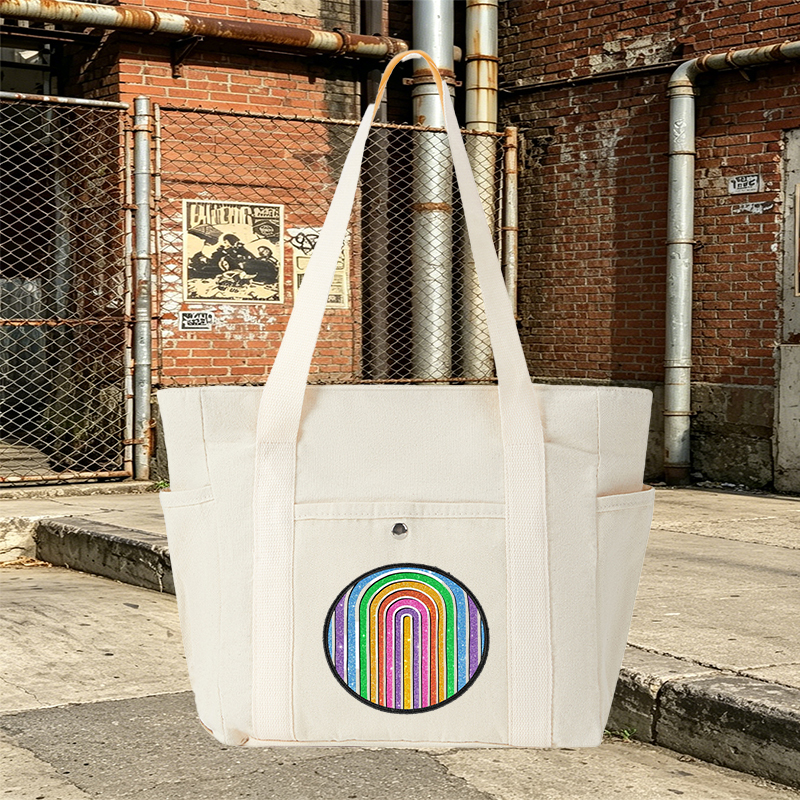 Multi Pocket Bag Beige with Glitter Rainbow Arc Pattern and Sparkle Design – Multi Pocket Bag Beige for Everyday Use, Travel, and Outdoor Activities – Ideal for Women, Students, and Urban Commuters