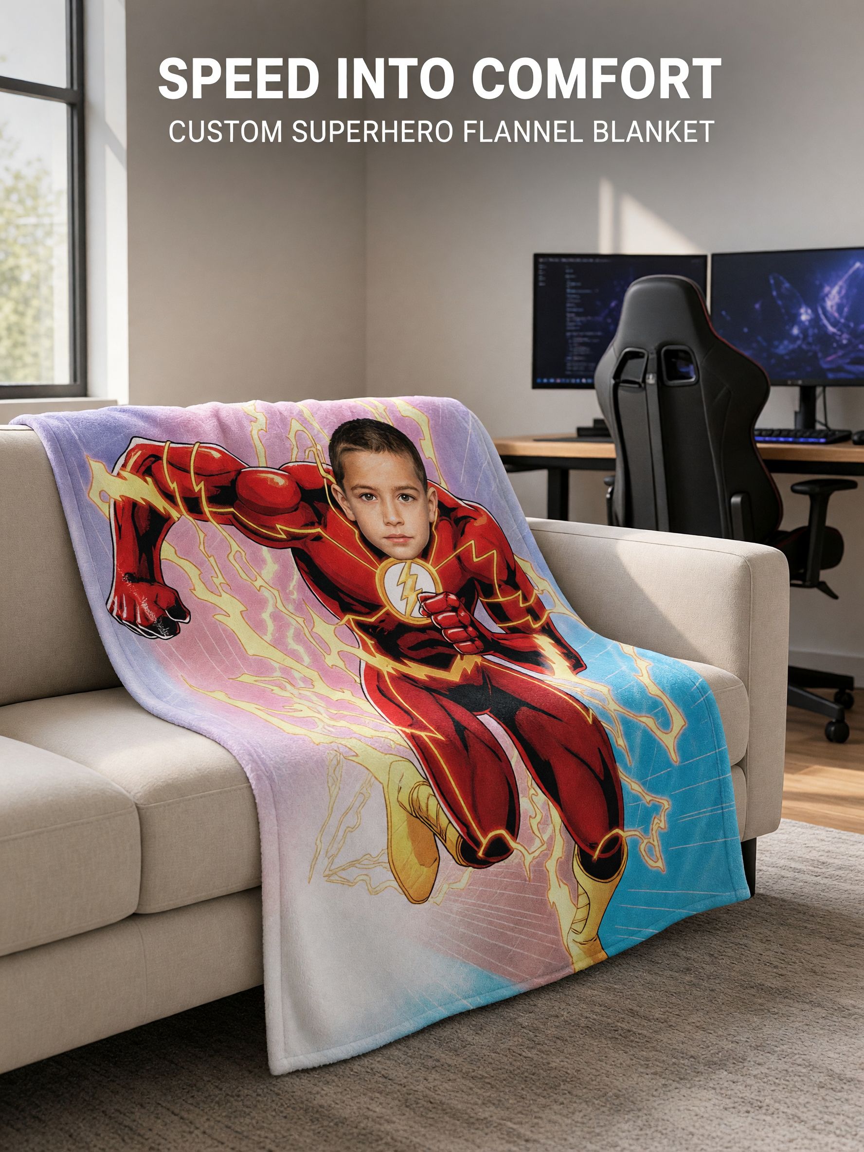 Custom Photo Face Superhero Flannel Blanket Personalized Comic Speedster Fleece Throw for Kids and Adults Cozy