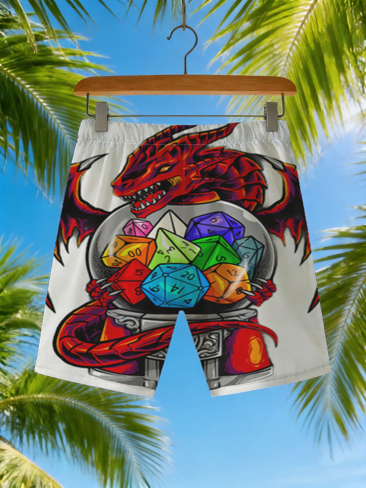 Red Dragon Guarding a Crystal Ball with Colorful Dice -  Beach shorts