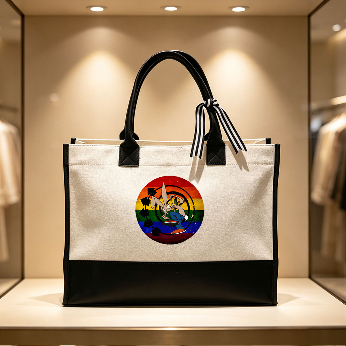 Bugs Bunny in Action: Classic Cartoon Character with Rainbow Background and Arrows - Canvas patchwork gift tote bag