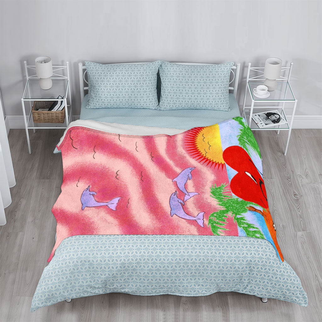 Heart Character on Tropical Beach with Dolphins and Sunset - Blankets