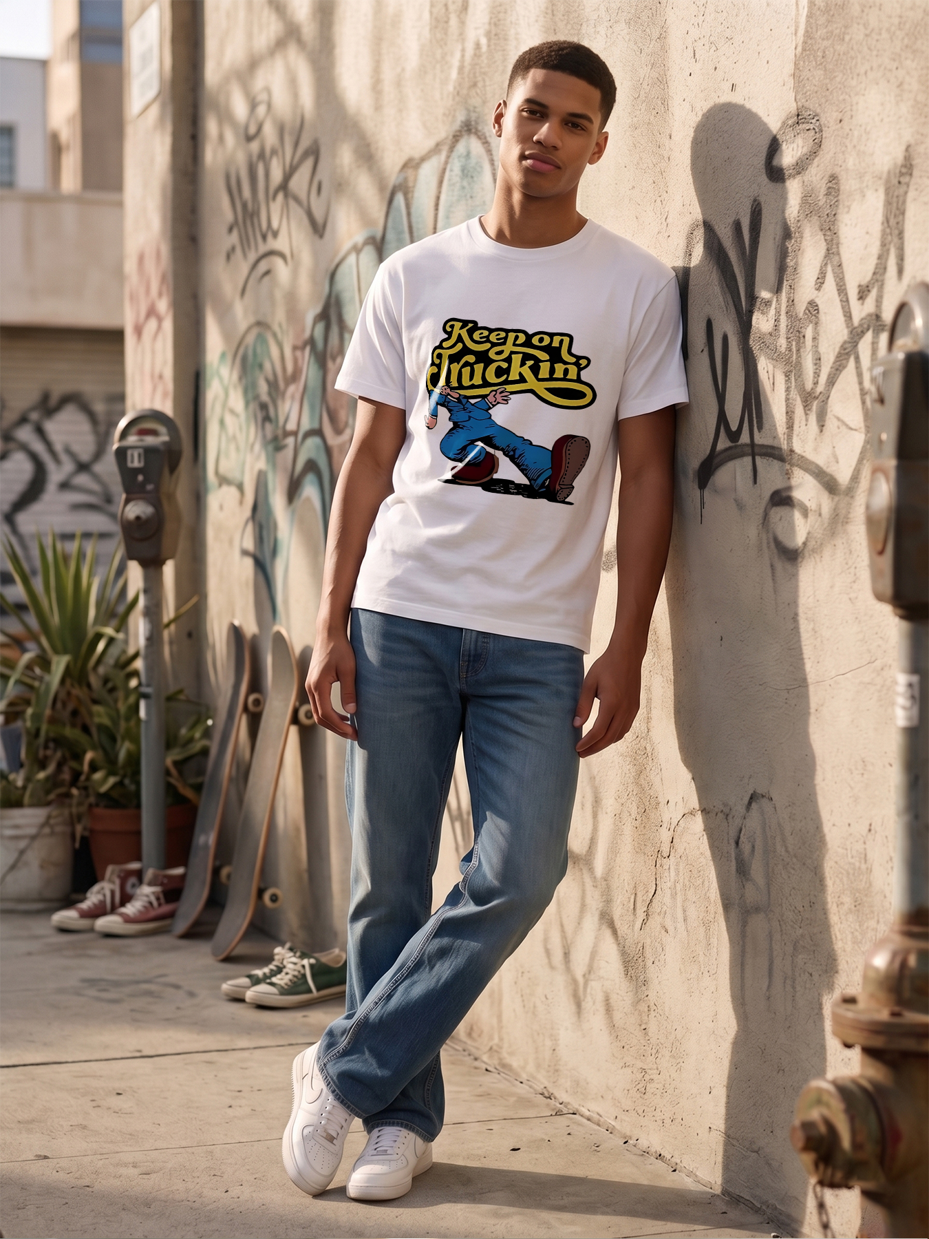 Men's Printed T-Shirt Keep on Truckin' Cartoon Man Running Graphic Casual Round Neck Summer Lightweight Breathable Short Sleeve T-Shirt for Daily Wear Outdoor Activities Adults