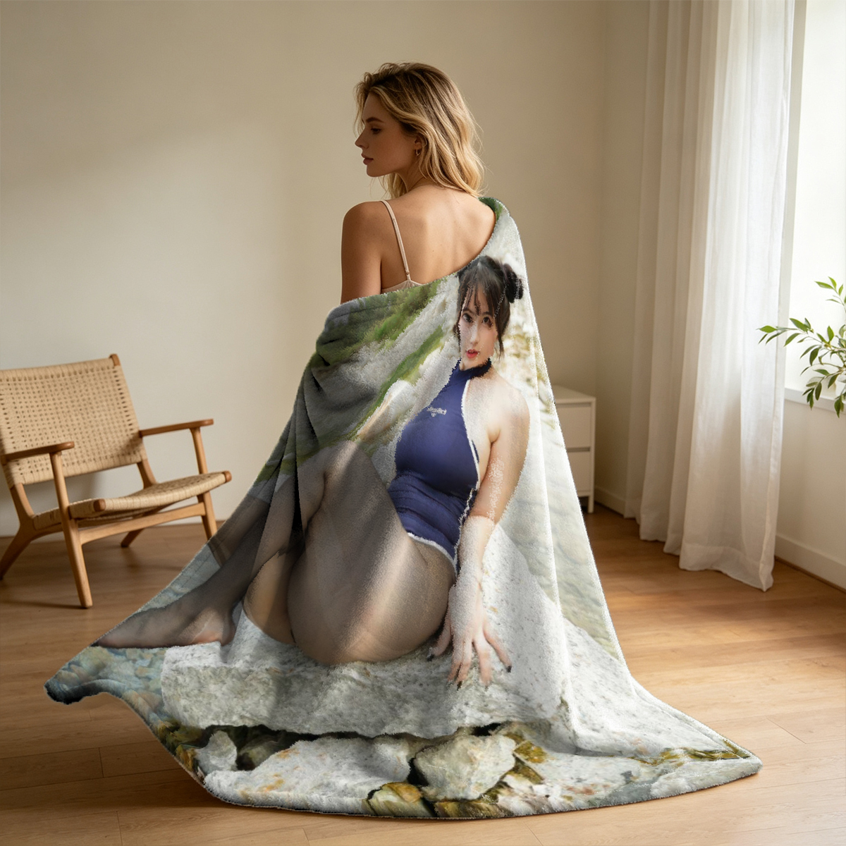 Blonde beauty in blue satin lingerie looking over shoulder - Blanket