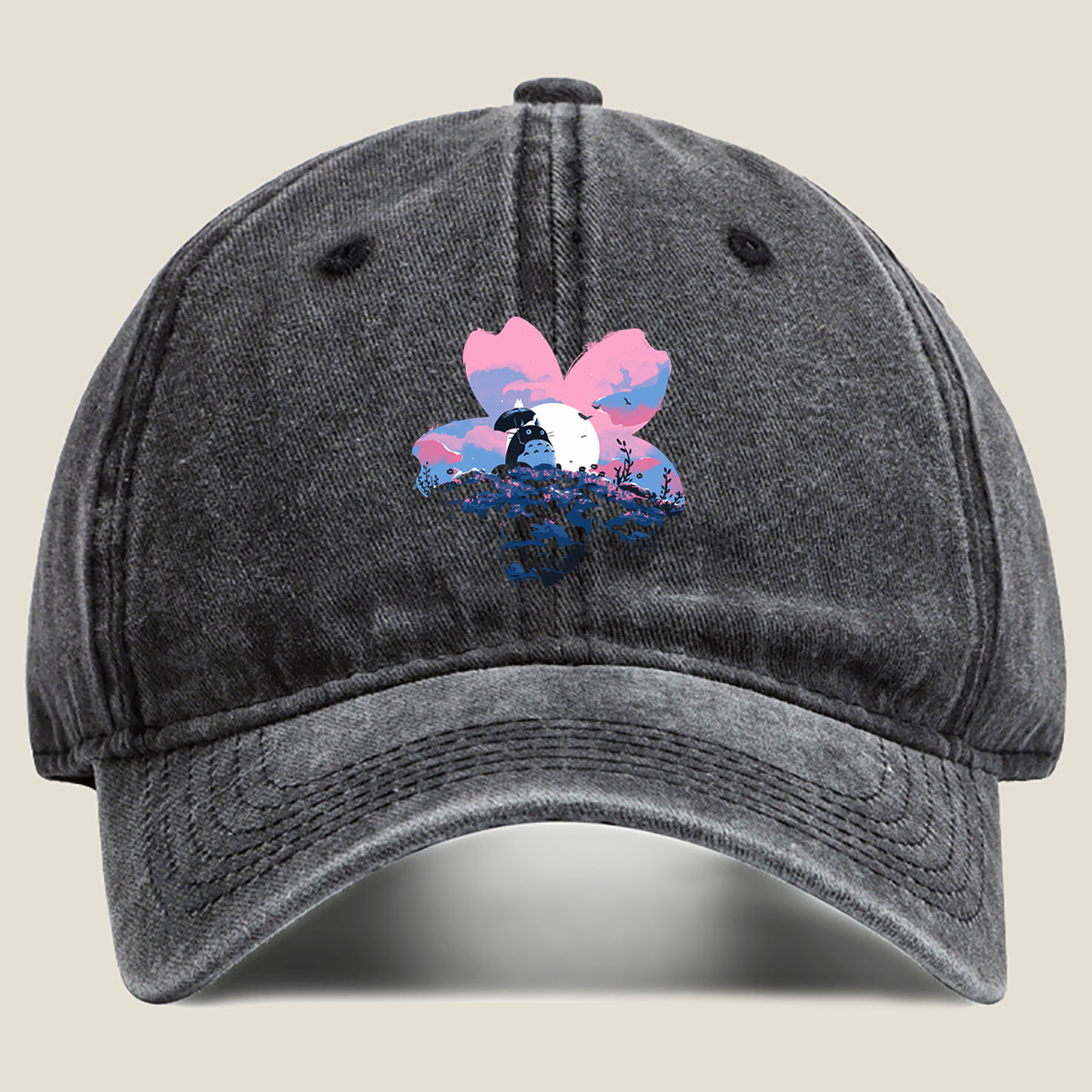 Totoro Under Cherry Blossom Moon - Washed Denim - Baseball Cap