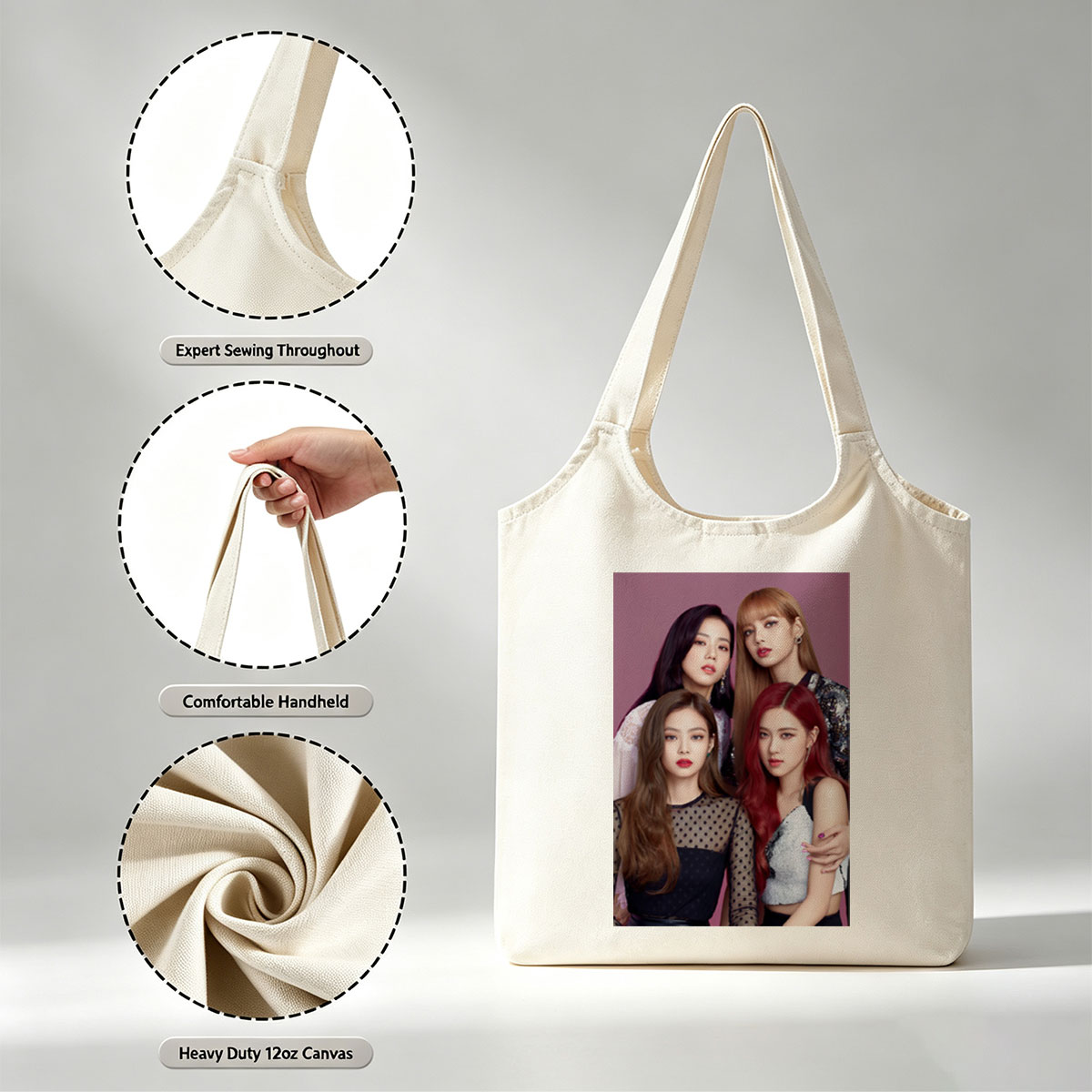 BLACKPINK Group Portrait - Four Members in Stylish Outfits Against Purple Background - Canvas shoulder bags/