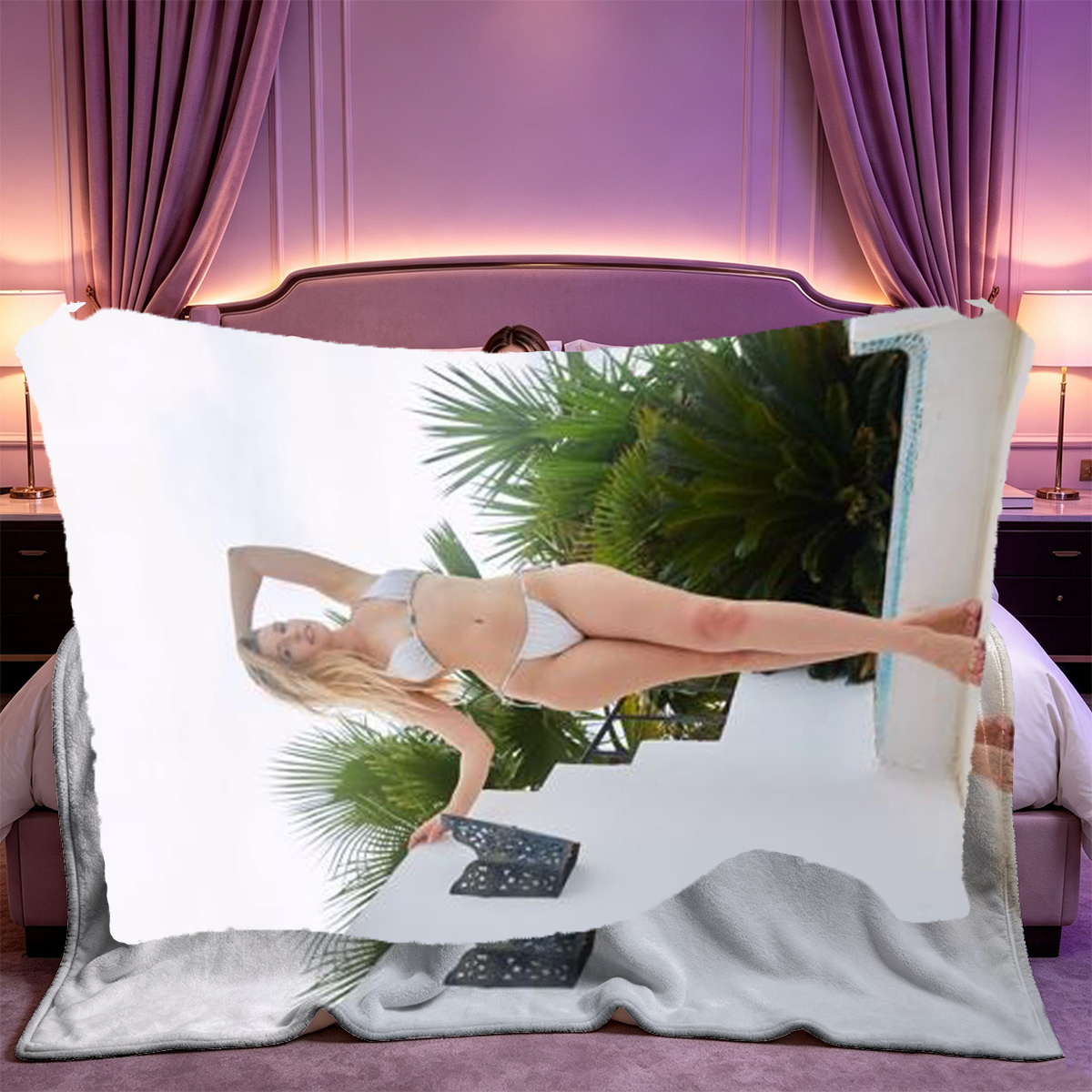 Korean Beauty in Black Lace Lingerie on Leather Couch - Blanket