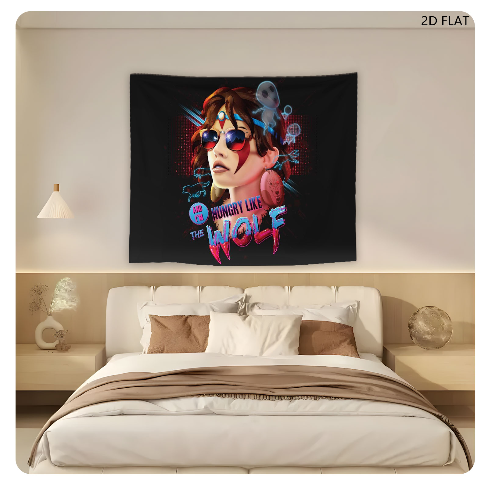 Hungry Like the Wolf: Neon-Style Portrait with Sunglasses and Ghostly Elements - Tapestry