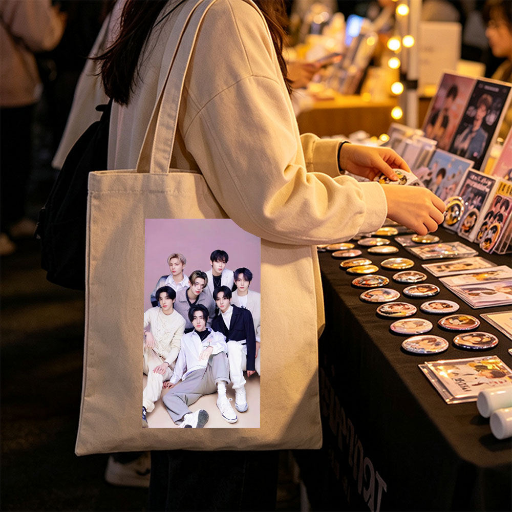 ENHYPEN Group Photo in Stylish Outfits Against Soft Pink Background - Canvas tote bags