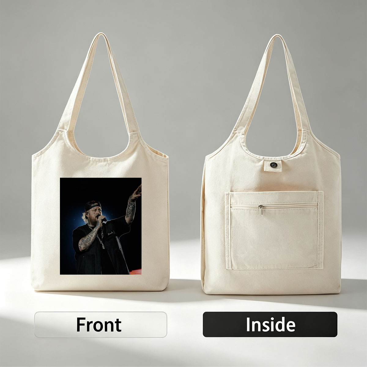 Jelly Roll Performing on Stage with Microphone and Tattooed Arms - Canvas shoulder bags/