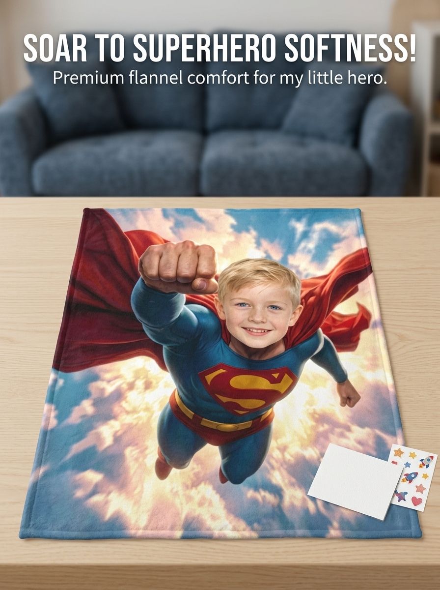 Personalized Superhero Photo Face Flannel Blanket Ultra Soft Cozy Fleece Throw Cover for Kids Boys Birthday Gift