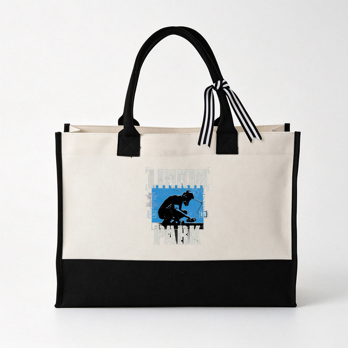 Linkin Park: Hybrid Theory Album Art Featuring Silhouette of a Man with Guitar - Canvas patchwork gift tote bag