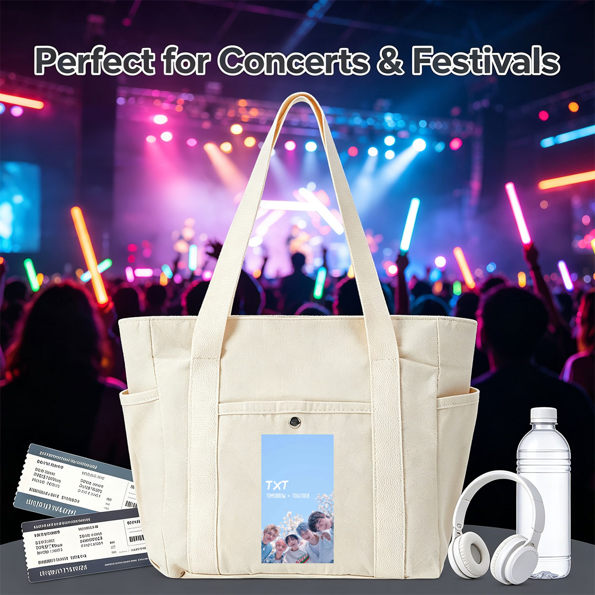 TXT Tomorrow x Together Members in a Spring Cherry Blossom Scene Under a Clear Blue Sky - Multi-pocket bags