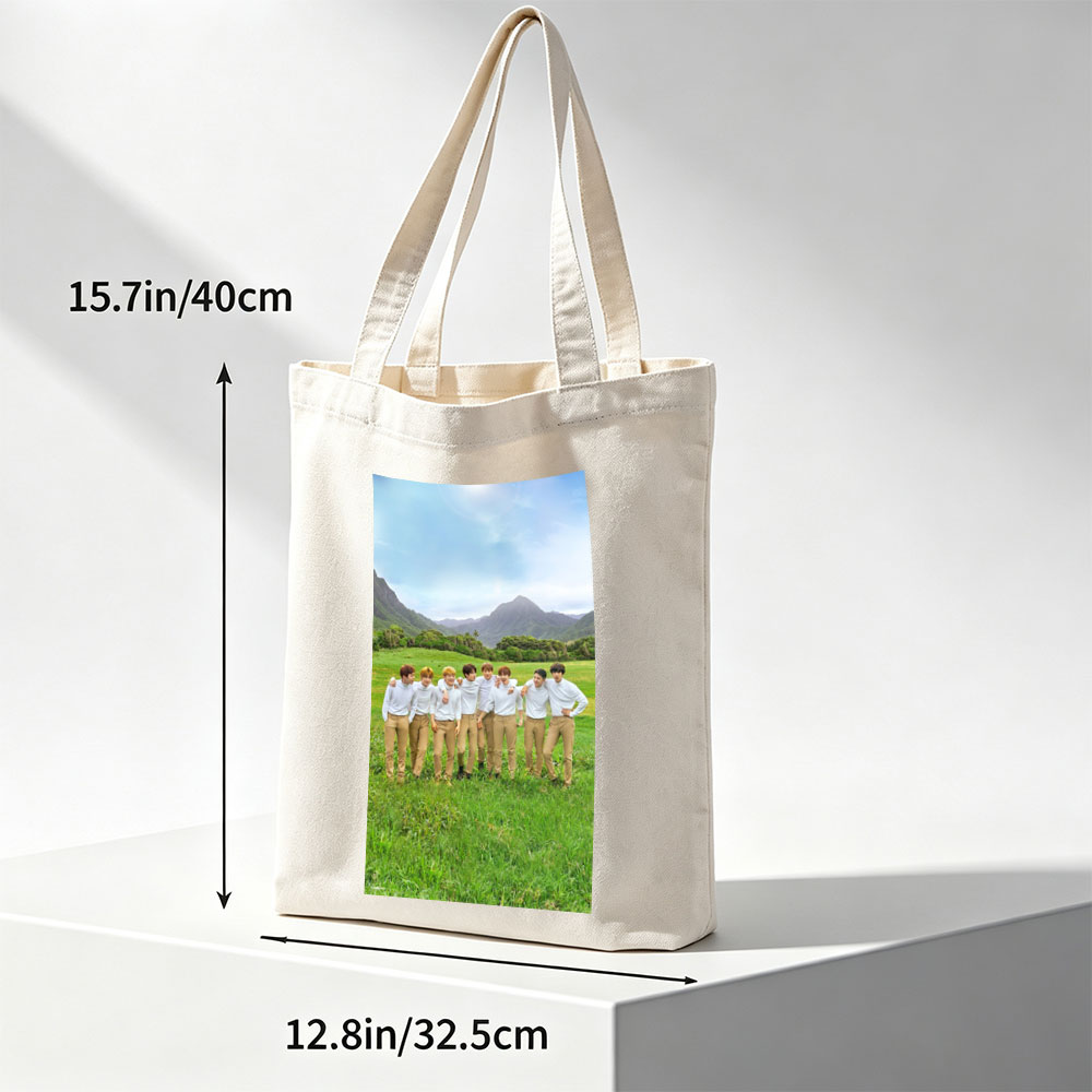BTS in a Serene Mountain Field Wearing Matching White Shirts and Beige Pants - Canvas tote bags