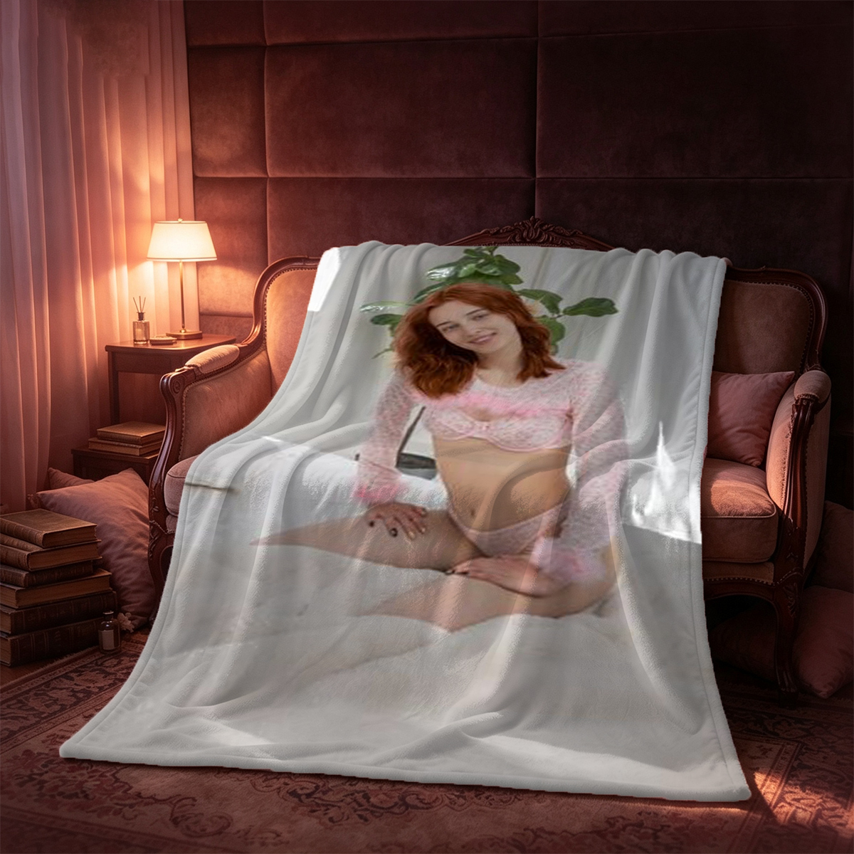 Mysterious Woman in Purple Lace Lingerie and Venetian Mask - Blanket
