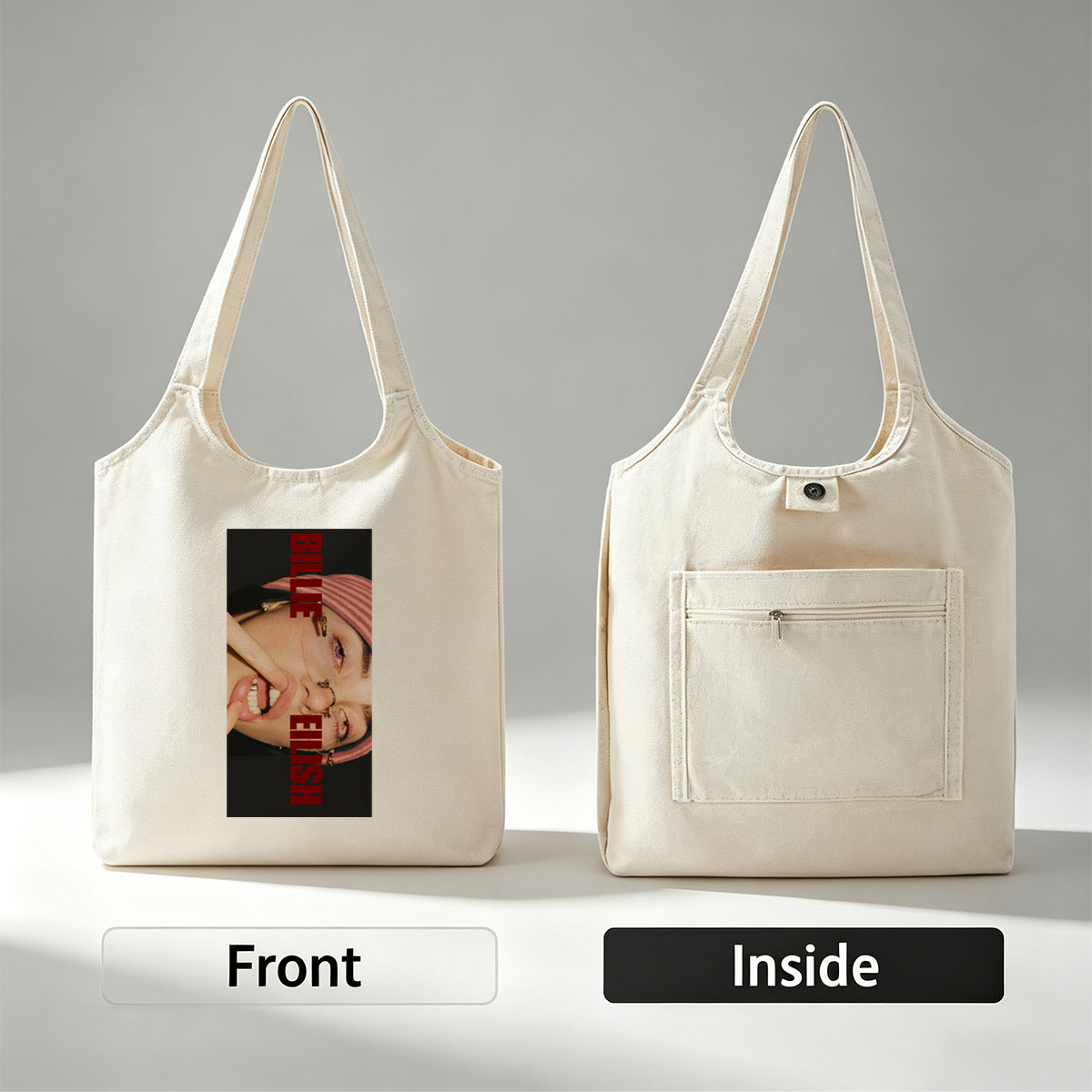 Billie Eilish Close-Up Portrait with Bold Red Text and Striped Beanie - Canvas shoulder bags/