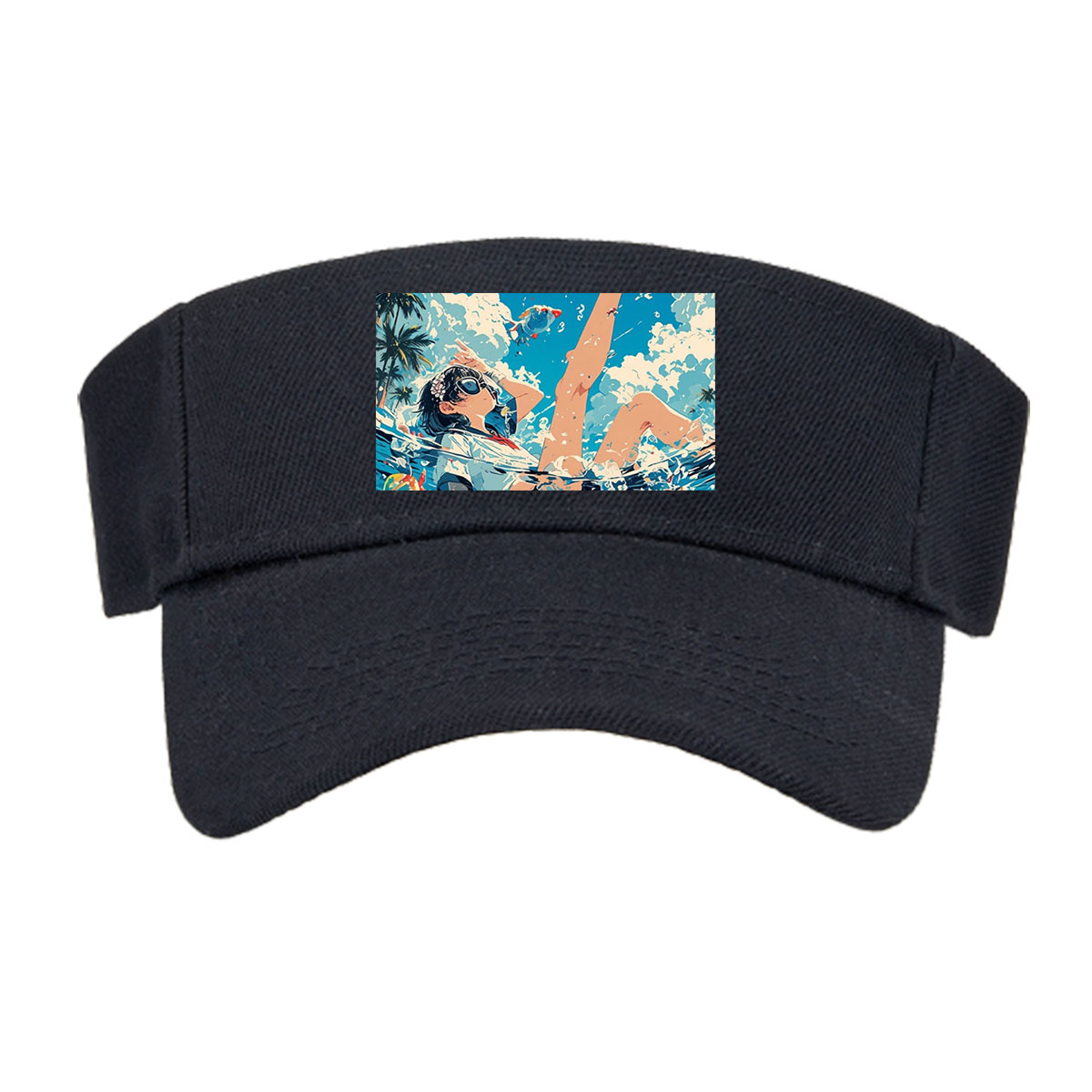 Girl floating in water with koi fish and palm trees under blue sky -  Visor cap
