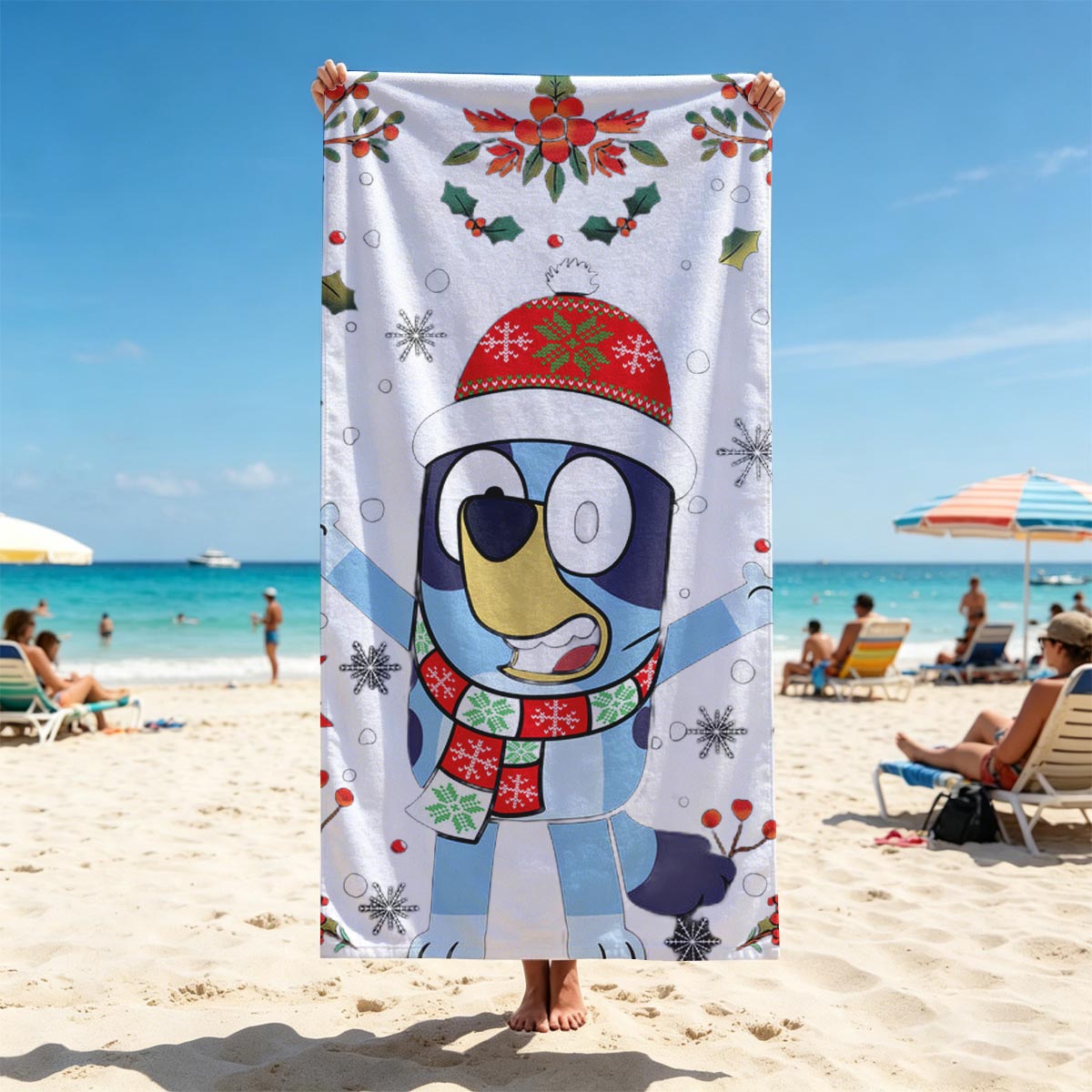 Bluey in Christmas Hat and Scarf, Festive Holiday Scene - Beach towels