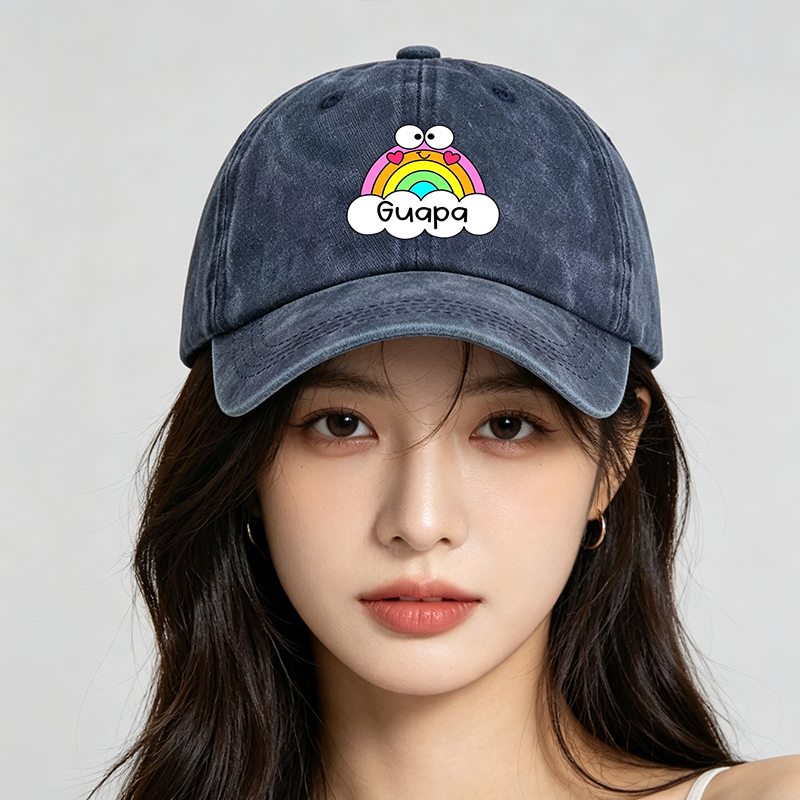 Men's Printed Washed Cotton Hat with Rainbow and Heart Design, Casual Round Brim Summer Lightweight Cap for Outdoor Activities, Beach, Travel, and Daily Wear, Suitable for Young Adults and Fashion-Loving Men